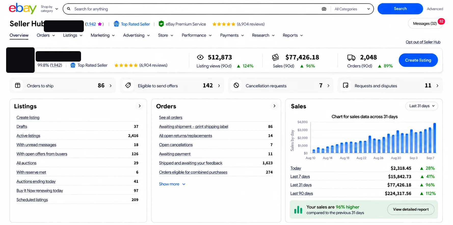 eBay Seller Hub dashboard 02 — identity redacted