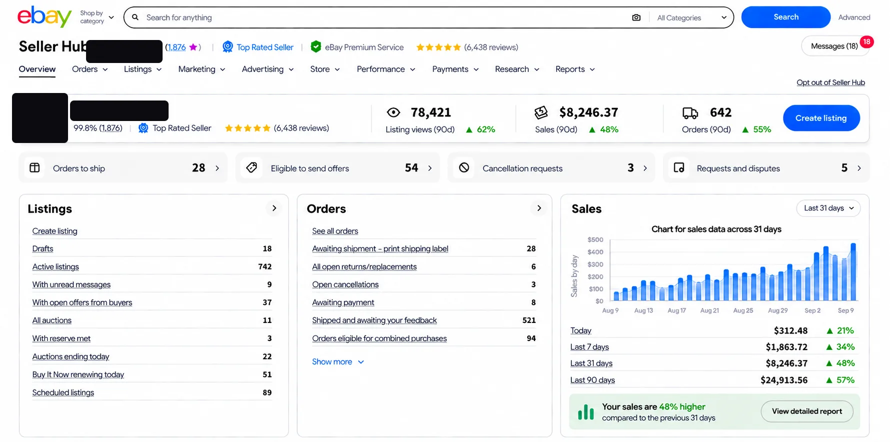 eBay Seller Hub dashboard 04 — identity redacted