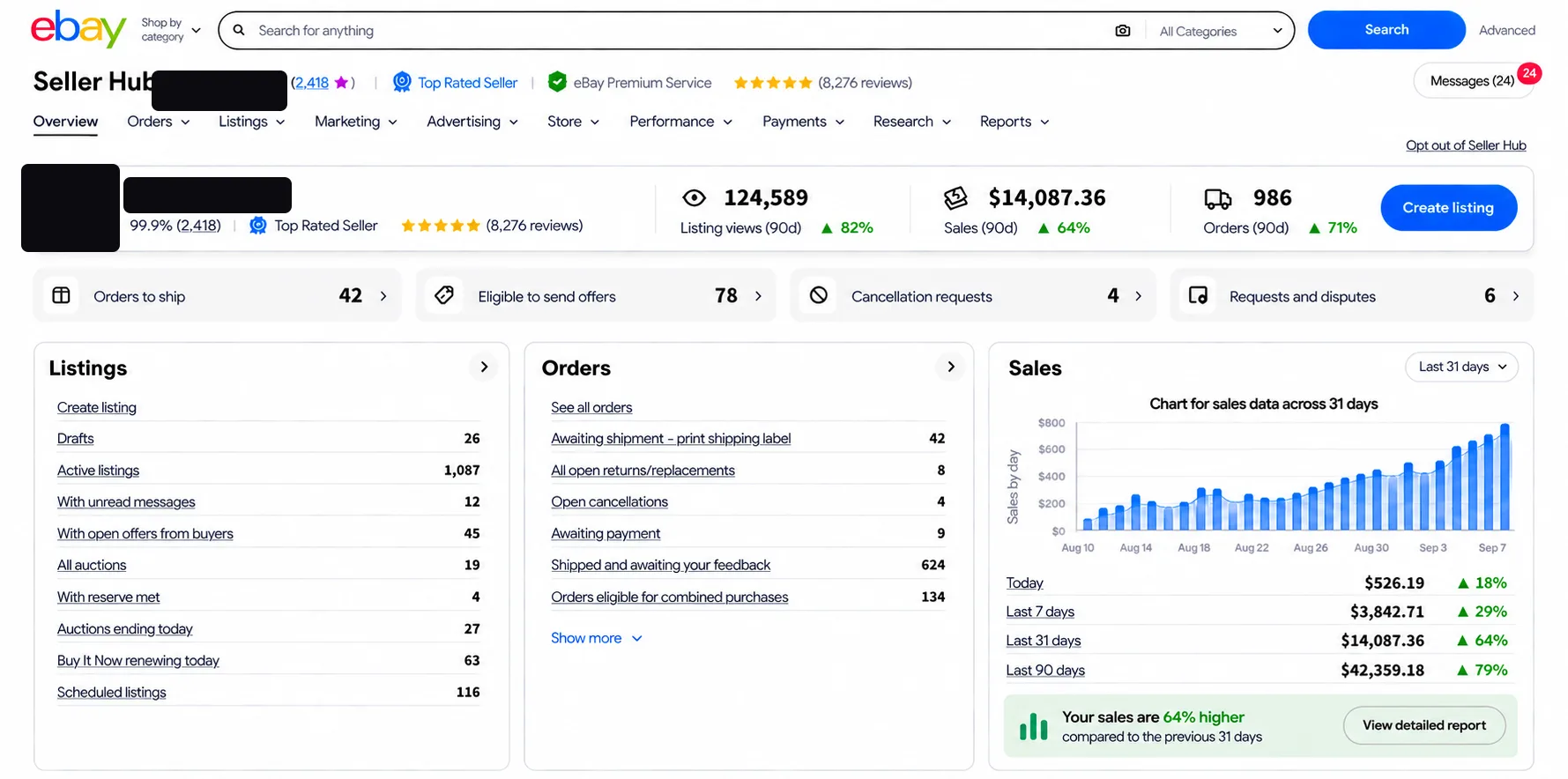 eBay Seller Hub dashboard 05 — identity redacted