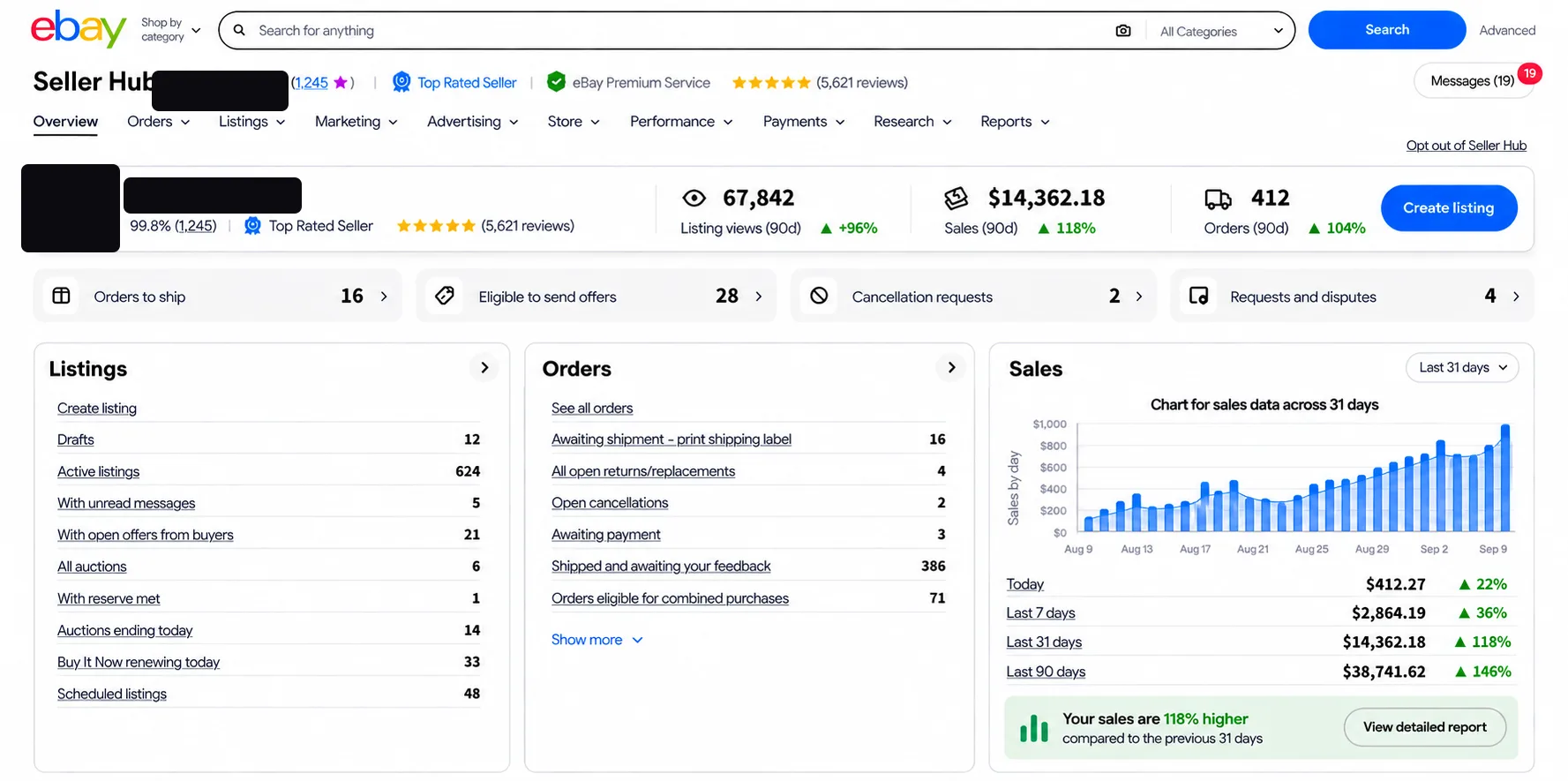 eBay Seller Hub dashboard 06 — identity redacted