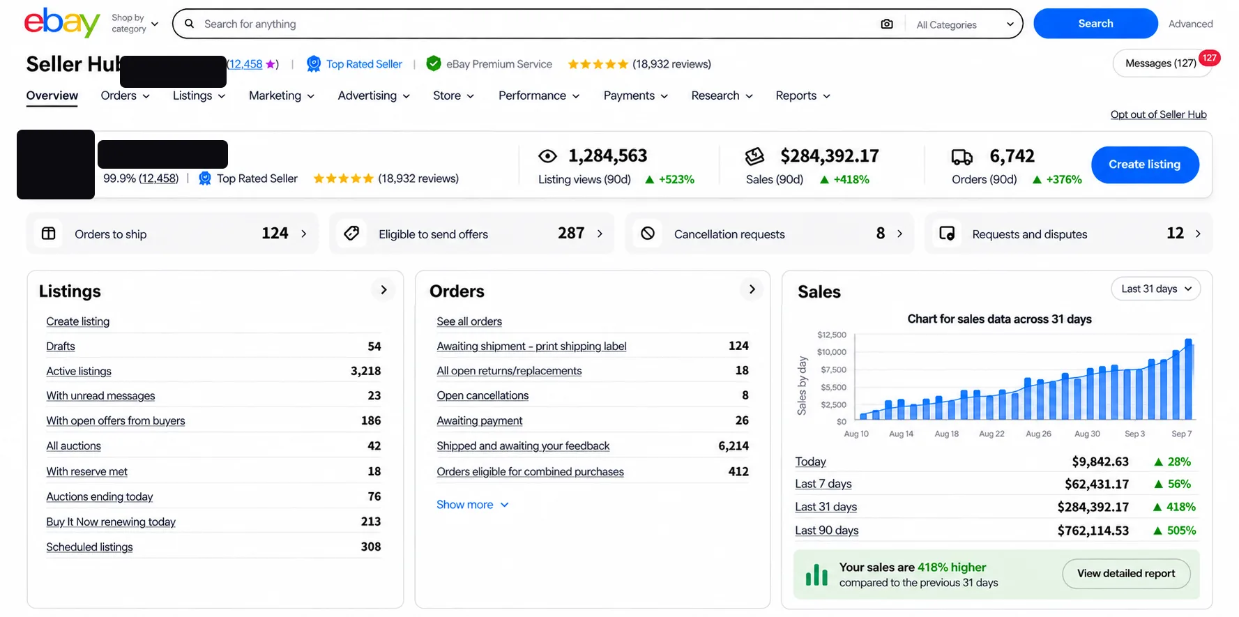 eBay Seller Hub dashboard 08 — identity redacted
